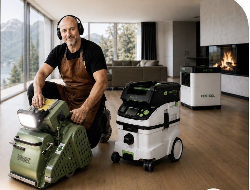 Artisan posé avec ponceuse Hummel Lägler, aspirateur Festool et purificateur d'air dans un intérieur contemporain