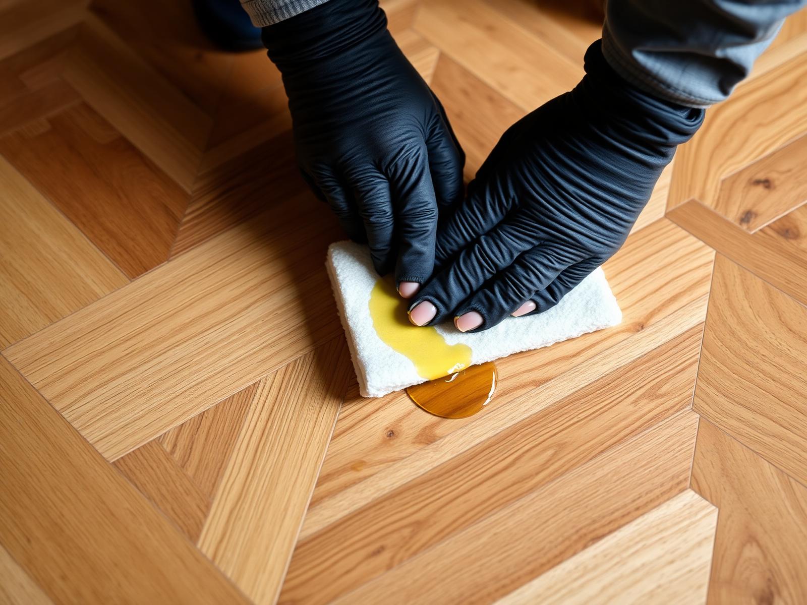 Olivier's hands applying hard-wax oil on a chevron