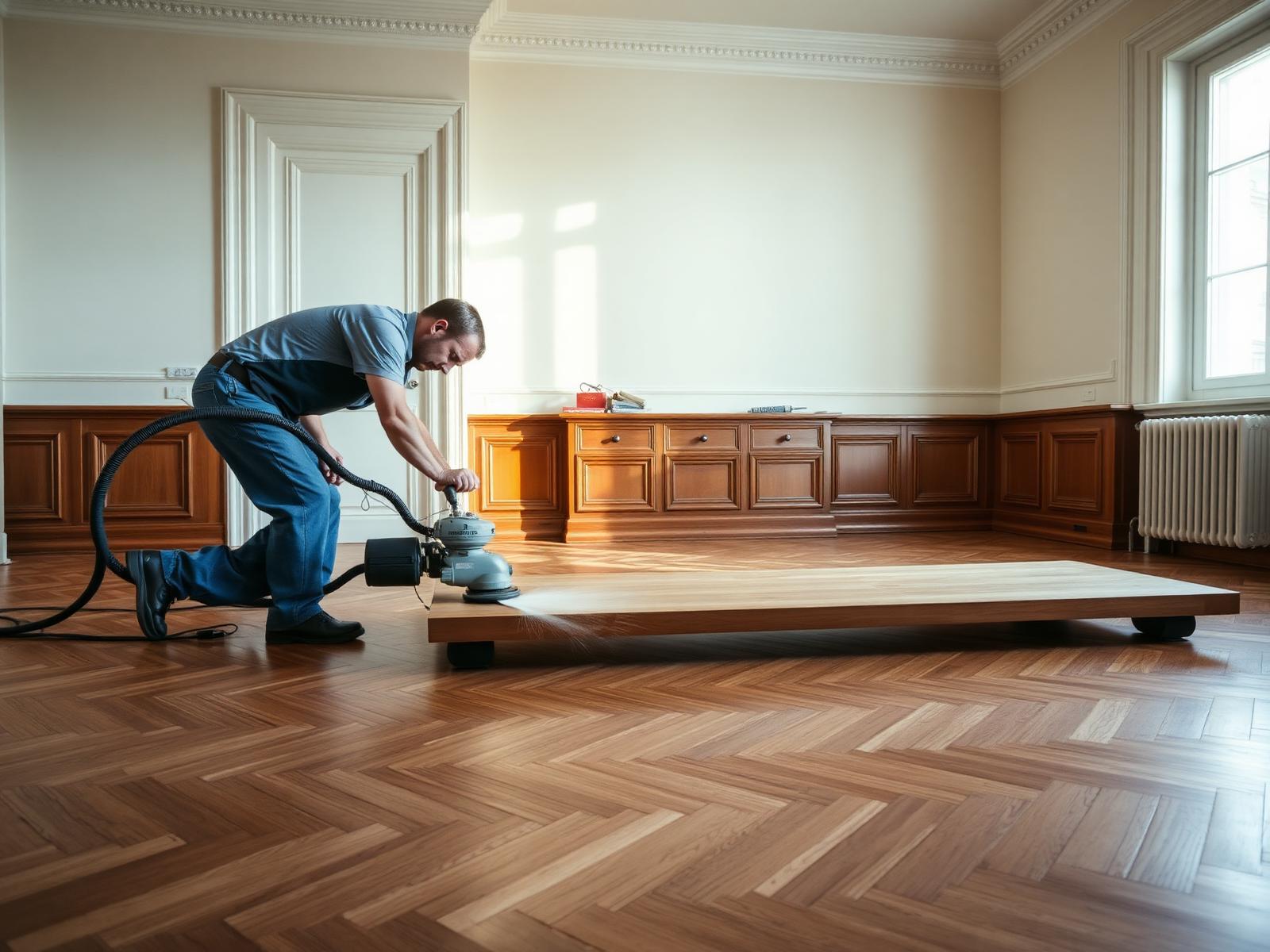 Belt sander with dust extraction on a chevron parquet